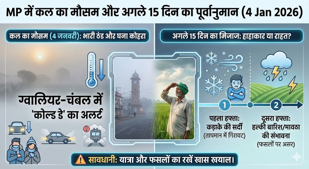 MP में कल का मौसम 4 जनवरी 2026: अगले 15 दिन का मौसम MP में मचेगा हाहाकार? जानिए ठंड और बारिश का पूरा हाल