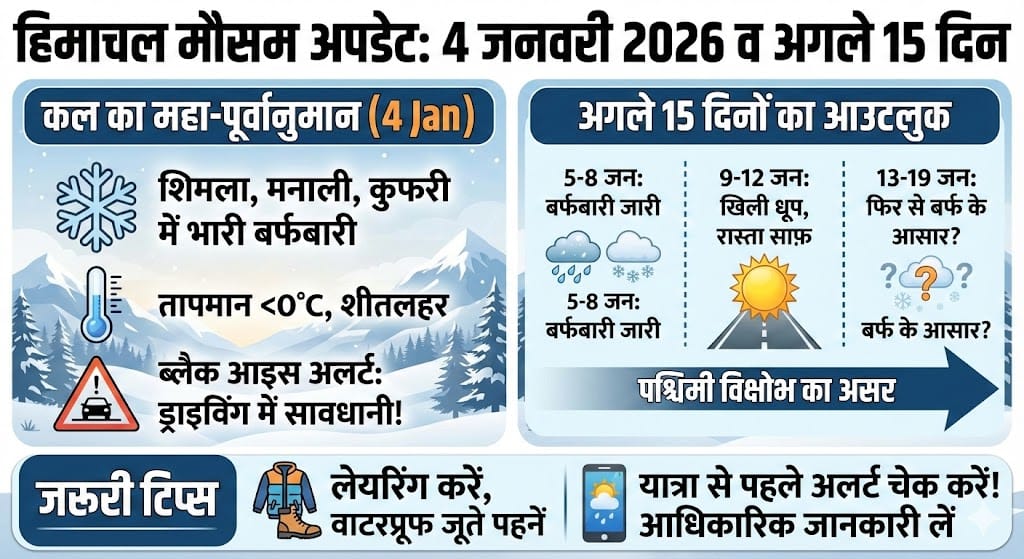 हिमाचल प्रदेश मौसम अपडेट 4 जनवरी 2026: क्या कल होगी भारी बर्फबारी? अगले 15 दिनों का सटीक पूर्वानुमान और रेड अलर्ट जारी