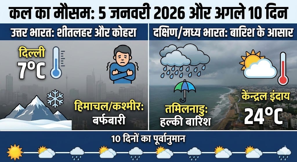 कल का मौसम (5 जनवरी 2026): सर्दी का ‘थर्ड डिग्री’ टॉर्चर या मिलेगी राहत? अगले 10 दिनों का पूरा लेखा-जोखा यहाँ पढ़ें