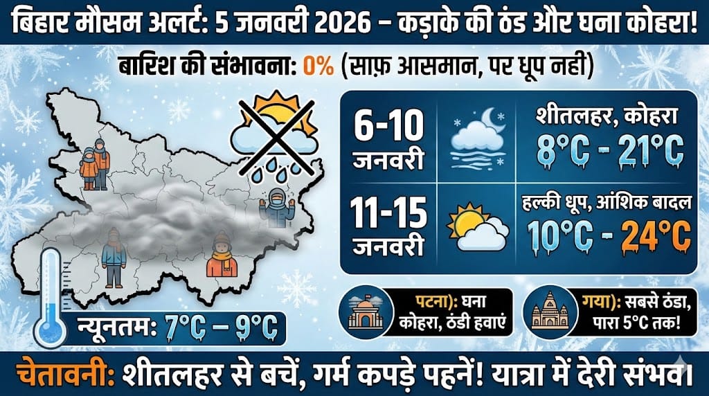 Bihar Weather Alert: कल 5 जनवरी 2026 को भयंकर ठंड! जानिए बारिश और अगले 10 दिन के मौसम का पूरा सच