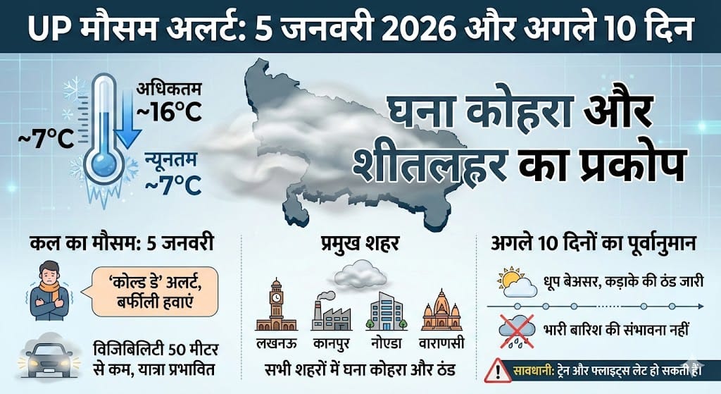 UP Weather Update: 5 जनवरी 2026 को ‘कोल्ड डे’ का अलर्ट, जानें अगले 10 दिनों तक कैसा रहेगा यूपी का मौसम – पूरी रिपोर्ट