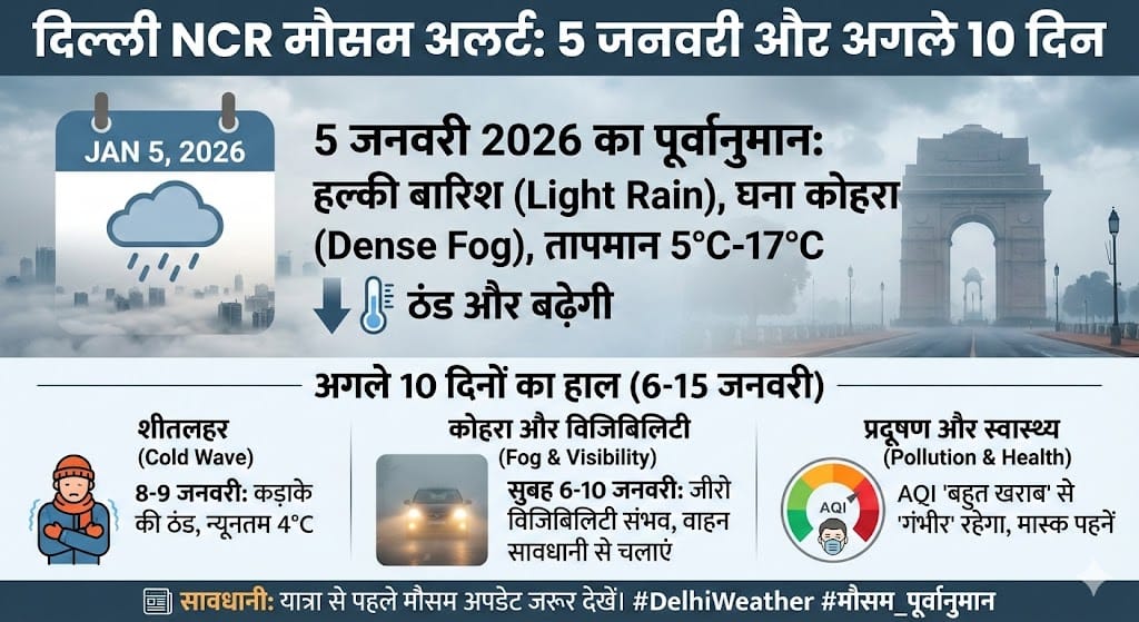 दिल्ली मौसम अपडेट: 5 जनवरी 2026 और अगले 10 दिन कैसा रहेगा मौसम? बारिश और कोहरे का अलर्ट जारी!