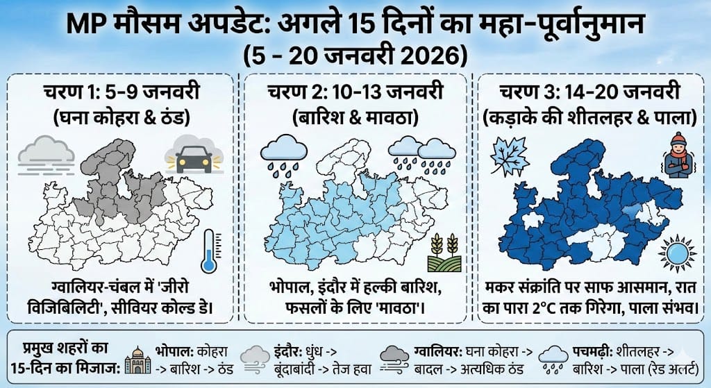 MP Weather 15 Days Forecast: 5 जनवरी से 20 जनवरी तक मौसम का 'रेड अलर्ट'! कोहरा, बारिश और मकर संक्रांति पर भयंकर ठंड