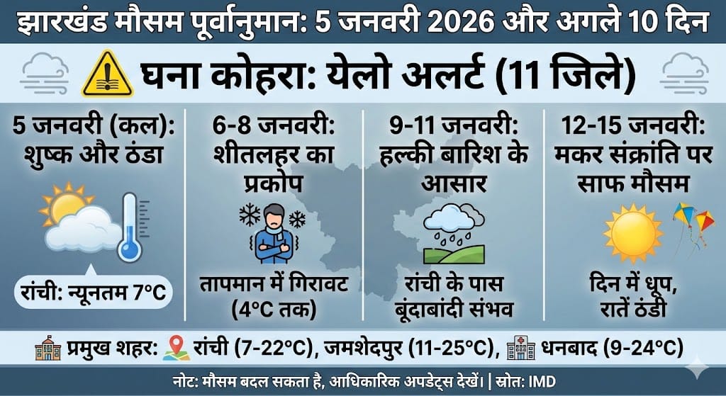 Jharkhand Weather Update 5 January 2026: कोहरे का Yellow Alert और अगले 10 दिनों का मौसम!