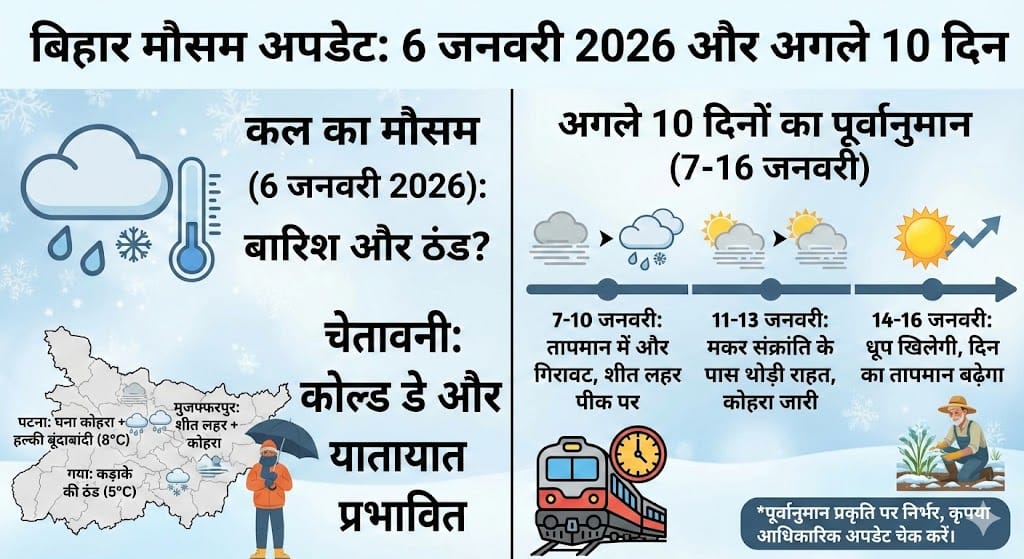 बिहार में कल 6 जनवरी 2026 को होगी बारिश? अगले 10 दिनों का सटीक मौसम और शीत लहर अपडेट