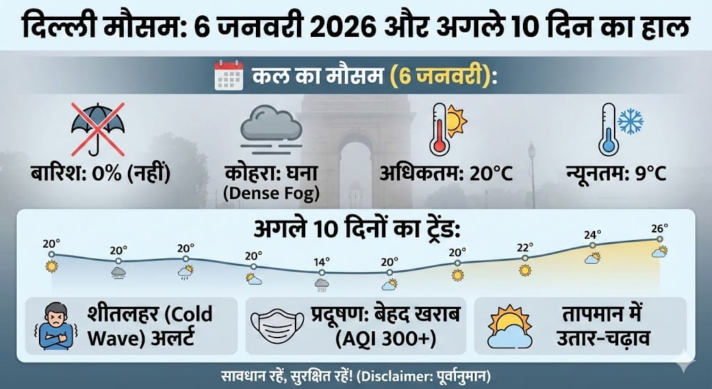 दिल्ली में कल का मौसम कैसा रहेगा (6 जनवरी 2026): क्या बारिश बढ़ाएगी ठंड या मिलेगी राहत? अगले 10 दिनों का सटीक पूर्वानुमान