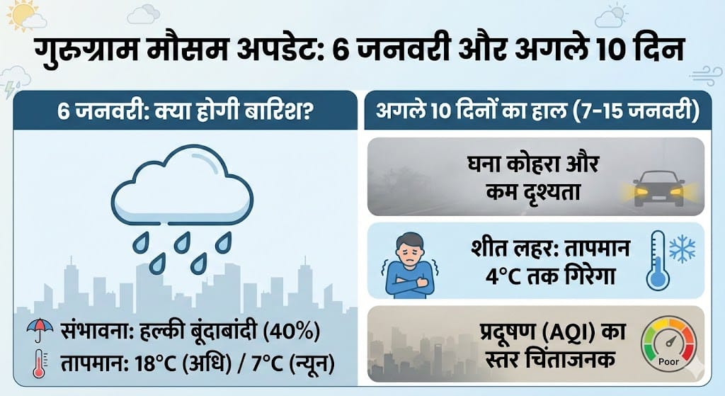 गुरुग्राम में कल 6 जनवरी 2026 को होगी भारी बारिश या कड़ाके की ठंड? अगले 10 दिनों के मौसम का सबसे सटीक हाल और चेतावनी!