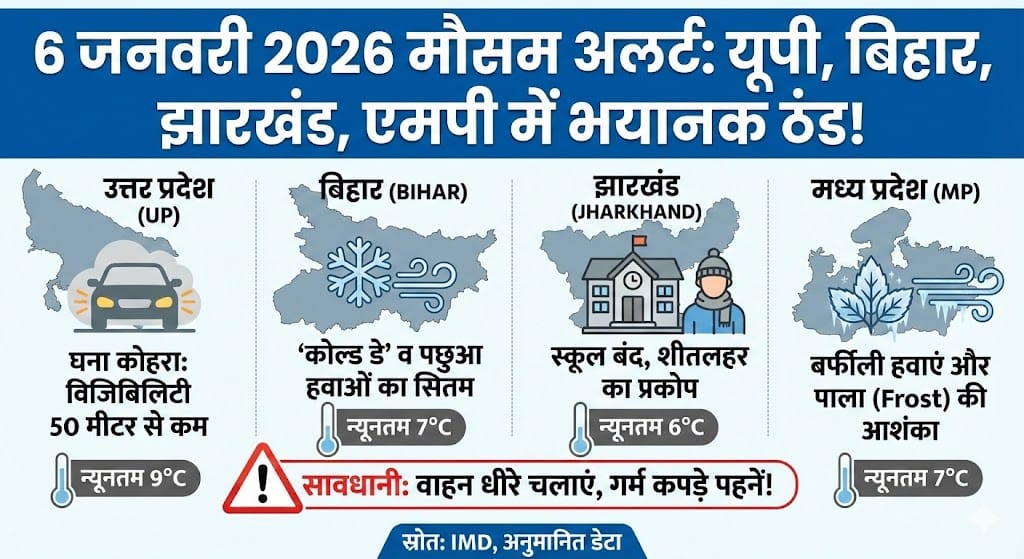 6 जनवरी 2026 मौसम अपडेट: कांपेगा उत्तर भारत! यूपी, बिहार, झारखंड और एमपी में ‘कोल्ड डे’ का रेड अलर्ट, जानें आज शाम कैसा रहेगा हाल