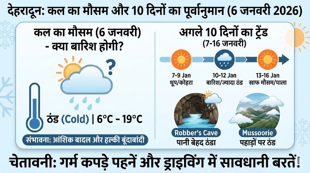 देहरादून Weather Tomorrow: 6 जनवरी 2026 को बारिश या धूप? देखें 10 दिनों का सटीक रिपोर्ट!