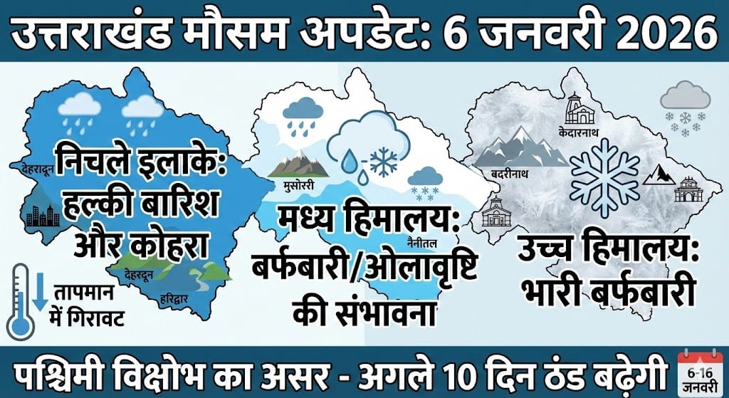 उत्तराखंड में कल भारी बारिश या बर्फबारी? 6 जनवरी 2026 और अगले 10 दिनों का सटीक मौसम पूर्वानुमान – जानिये पूरा हाल!