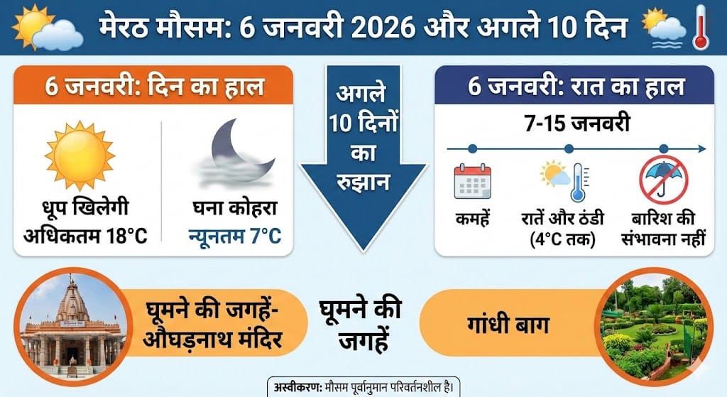 Meerut Weather Update: 6 जनवरी 2026 को कैसा रहेगा मेरठ का मौसम? भयंकर ठंड या होगी बारिश? अगले 10 दिनों का पूरा हाल जानें!