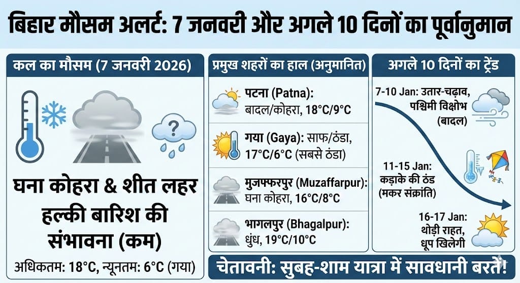 बिहार में कल का मौसम: 7 जनवरी 2026 को होगी बारिश या जमेगी कुल्फी? जानें 10 दिनों का Weather Alert