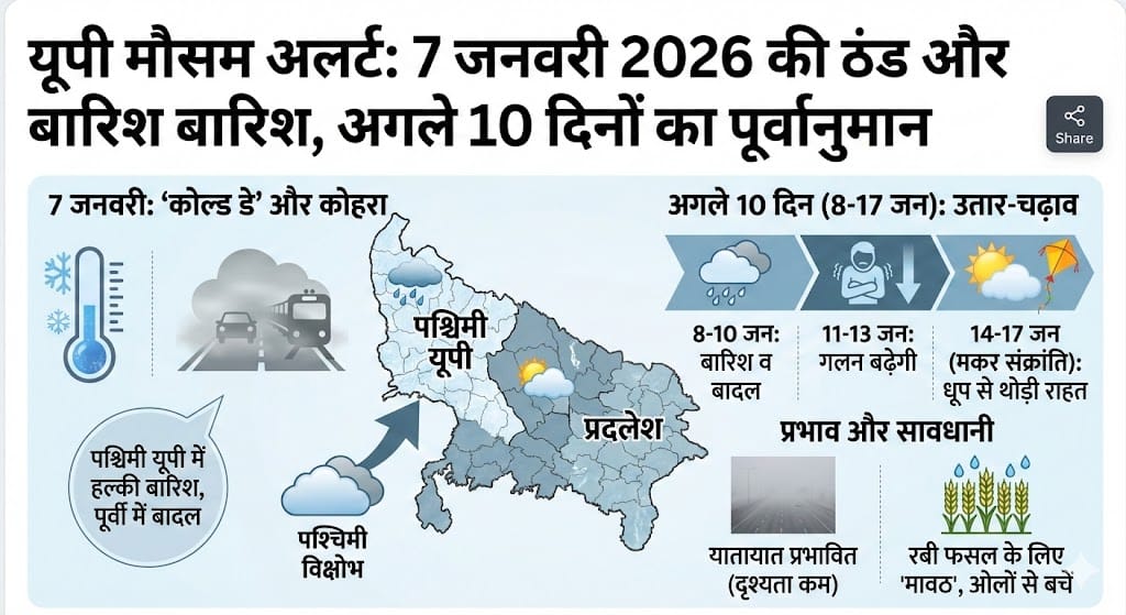 UP Weather Today: 7 जनवरी 2026 को यूपी में होगी बारिश और ओले? अगले 10 दिन का खतरनाक मौसम अलर्ट