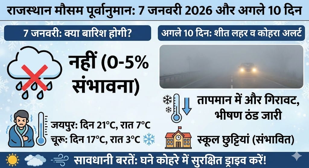 राजस्थान मौसम अलर्ट: 7 जनवरी 2026 को क्या होगी बारिश? अगले 10 दिन भीषण ठंड और कोहरे की चेतावनी!