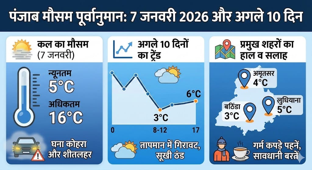 पंजाब में कल का मौसम: 7 जनवरी 2026 को पड़ेगी कड़ाके की ठंड या होगी बारिश? अगले 10 दिनों का खतरनाक अपडेट!