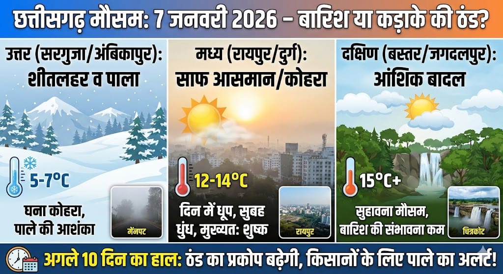 Chhattisgarh Weather 7 January 2026: कल होगी भारी बारिश या कड़ाके की ठंड? अगले 10 दिन का चौंकाने वाला रिपोर्ट!