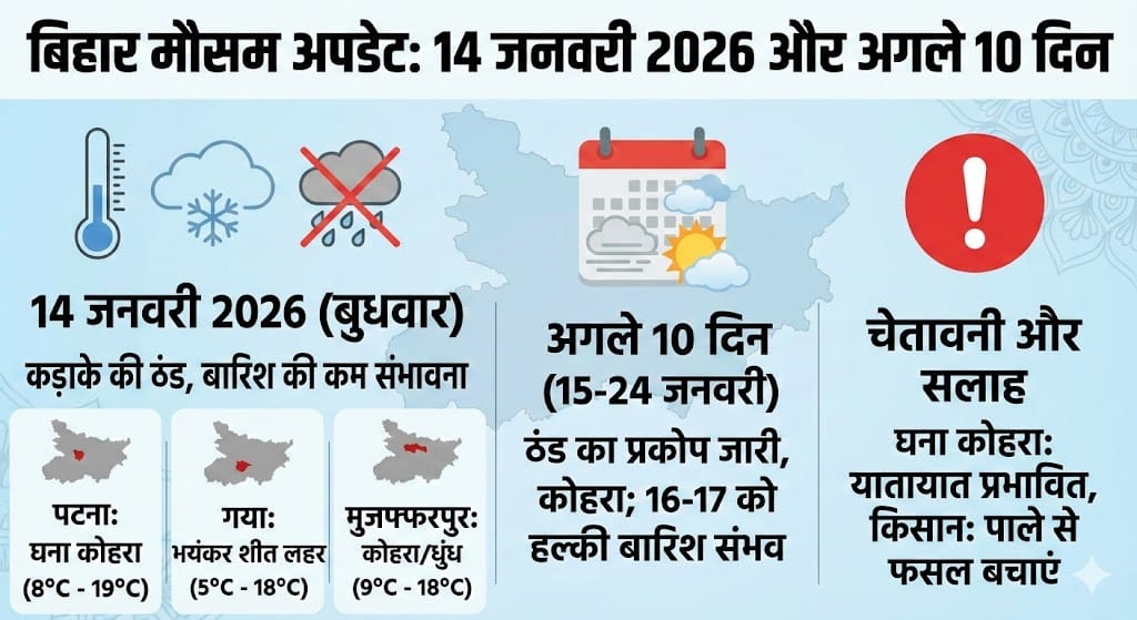 बिहार में कल का मौसम 14 जनवरी 2026: पटना, गया में बारिश और भयंकर ठंड? अगले 10 दिन का हाल