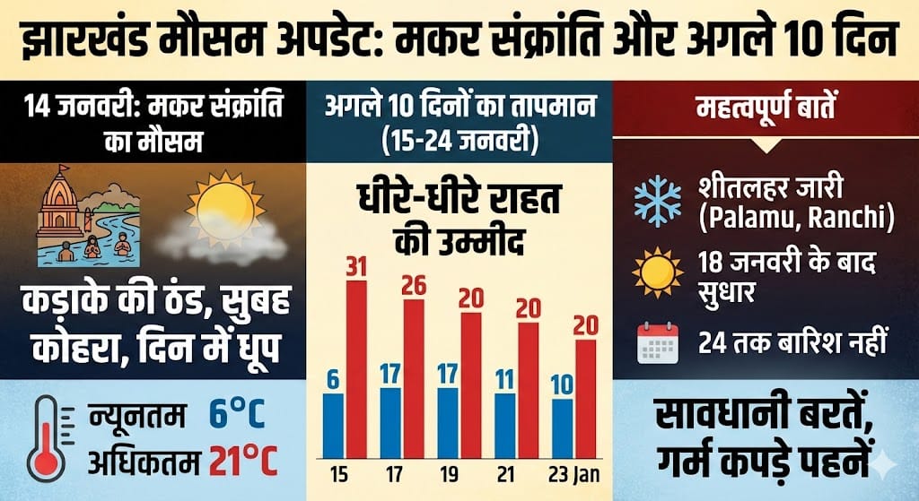 Jharkhand Weather Alert: 14 जनवरी 2026 को मकर संक्रांति पर पड़ेगी हाड़ कंपाने वाली ठंड? अगले 10 दिन का Weather Forecast और School News!