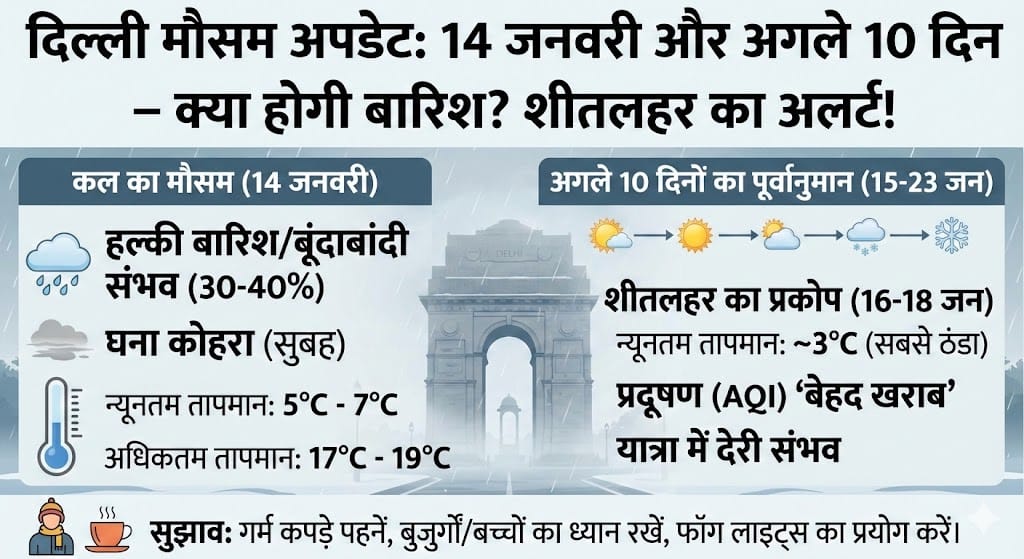 दिल्ली मौसम अलर्ट: कल होगी बारिश? 14 जनवरी 2026 और अगले 10 दिनों का डरावना सच!