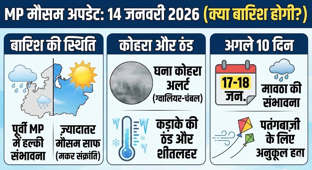 MP Weather Alert: 14 जनवरी 2026 को क्या मध्य प्रदेश में होगी बारिश? जानें अगले 10 दिनों का मौसम, कोहरा और शीतलहर का सटीक अपडेट