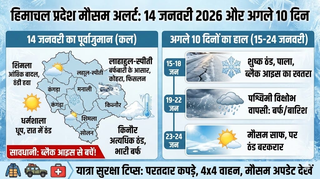 हिमाचल प्रदेश मौसम 14 जनवरी 2026: बर्फबारी अलर्ट और अगले 10 दिनों का सटीक पूर्वानुमान