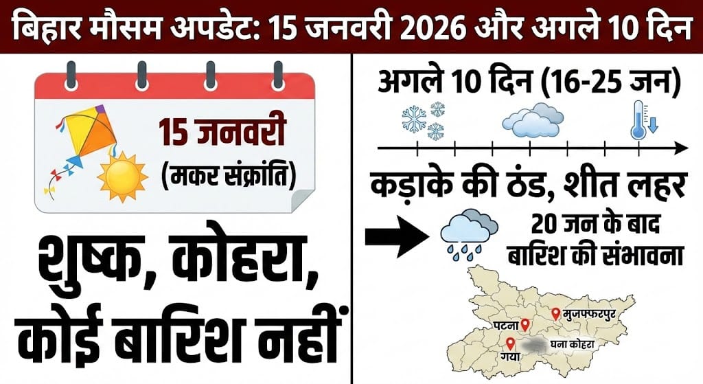बिहार में 15 जनवरी 2026 का मौसम: क्या मकर संक्रांति पर होगी बारिश या सताएगी कड़ाके की ठंड? अगले 10 दिनों का सटीक पूर्वानुमान यहाँ जानें!