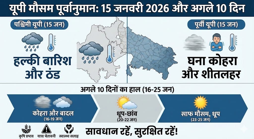 यूपी वेदर अलर्ट: 15 जनवरी 2026 को भारी बारिश और कोल्ड वेव का डबल अटैक? अगले 10 दिन का हाल
