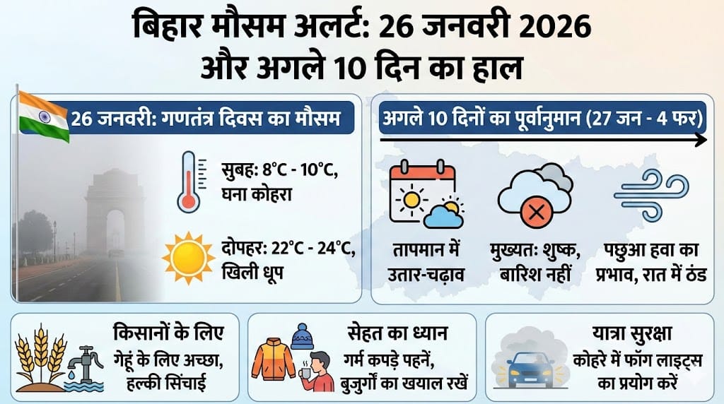 बिहार मौसम अलर्ट: 26 जनवरी 2026 को कैसा रहेगा मौसम? गणतंत्र दिवस पर बारिश या कड़ाके की ठंड? अगले 10 दिनों का पूरा हाल जानें