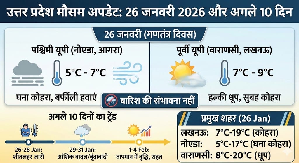 UP Me Kal Ka Mausam: 26 जनवरी 2026 को कोहरा या धूप? जानिये अगले 10 दिनों का सटीक मौसम अपडेट