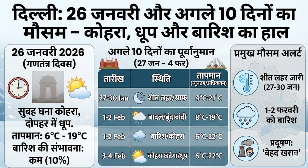 दिल्ली में कल का मौसम: 26 जनवरी 2026 को बारिश और कोहरे का क्या होगा असर? जानिए अगले 10 दिनों का हाल