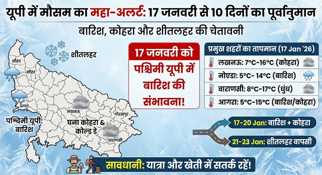 UP Weather Update: 17 जनवरी 2026 को यूपी में बारिश और शीतलहर का कहर? जानिए अगले 10 दिनों के मौसम का सटीक हाल और चेतावनी