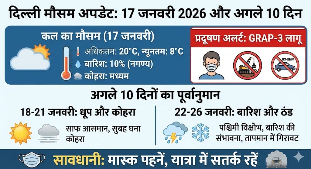 Delhi Weather 17 January 2026: कल बारिश होगी या खिलेगी धूप? अगले 10 दिन का मौसम और GRAP-3 अलर्ट!