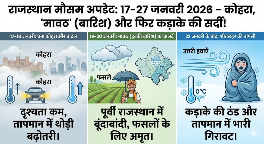 Rajasthan Mausam 17 January 2026: क्या कल होगी बारिश (Mavath)? जानिए अगले 10 दिनों का सटीक मौसम पूर्वानुमान और ‘कोल्ड वेव’ का नया अपडेट!