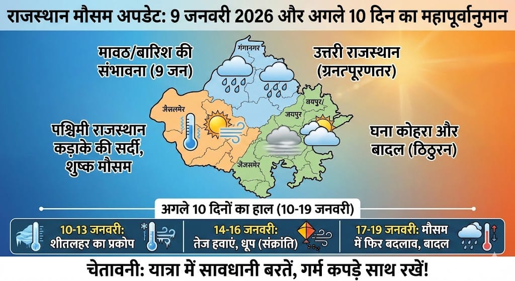 राजस्थान मौसम 9 जनवरी 2026: जयपुर, जोधपुर, उदयपुर में बारिश का अलर्ट और अगले 10 दिनों के मौसम का सबसे सटीक हाल