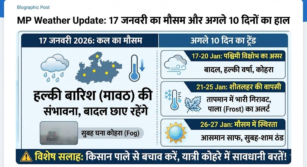 MP Weather Update Today: 17 जनवरी 2026 को MP में भारी बारिश का अलर्ट? जानिए अगले 10 दिन कैसा रहेगा मौसम