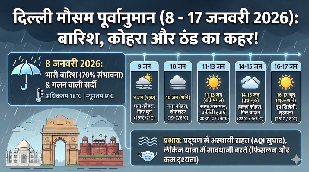 दिल्ली में कल 8 जनवरी 2026 को होगी भारी बारिश? जानिए अगले 10 दिनों का मौसम, तापमान और सर्दी का पूरा हाल