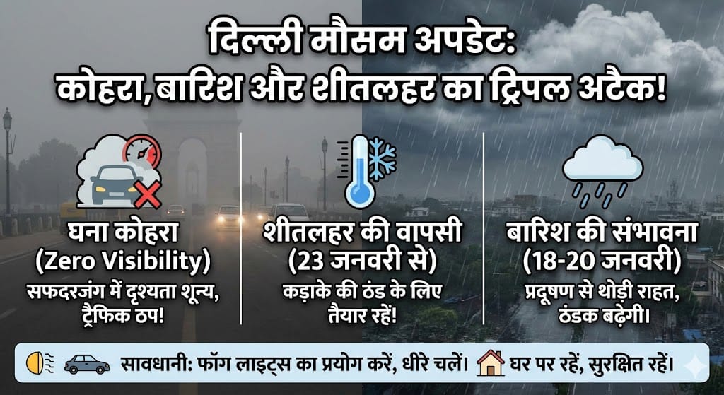 Delhi Weather Update: Zero Visibility से थमी दिल्ली, अब बारिश और Cold Wave का अलर्ट – जानें 7 दिनों का हाल