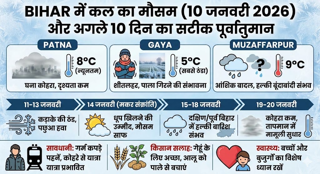 Bihar Weather 10 January 2026: Patna, Gaya, Muzaffarpur में कल बारिश होगी या पड़ेगी कड़ाके की ठंड? जानिए अगले 10 दिनों का सटीक मौसम अपडेट