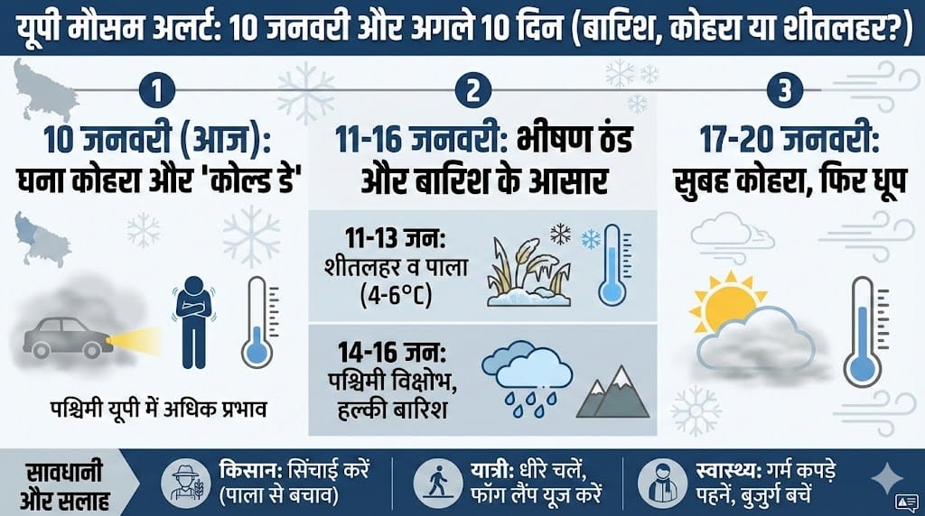 10 जनवरी 2026 यूपी में कल का मौसम: लखनऊ, कानपुर, वाराणसी में बारिश या शीतलहर? जाने अगले 10 दिन का हाल