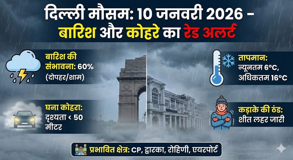 Delhi Weather Tomorrow 10 January 2026: क्या कल दिल्ली में बारिश होगी? CP, द्वारका और रोहिणी में कड़ाके की ठंड और कोहरे का रेड अलर्ट जारी