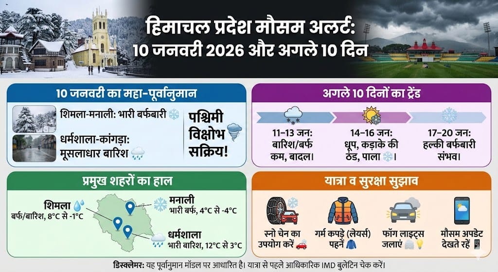Himachal Pradesh Weather Alert: कल 10 जनवरी 2026 को शिमला, मनाली और धर्मशाला में भयंकर बर्फबारी और बारिश की चेतावनी? जानिए अगले 10 दिनों का सटीक हाल