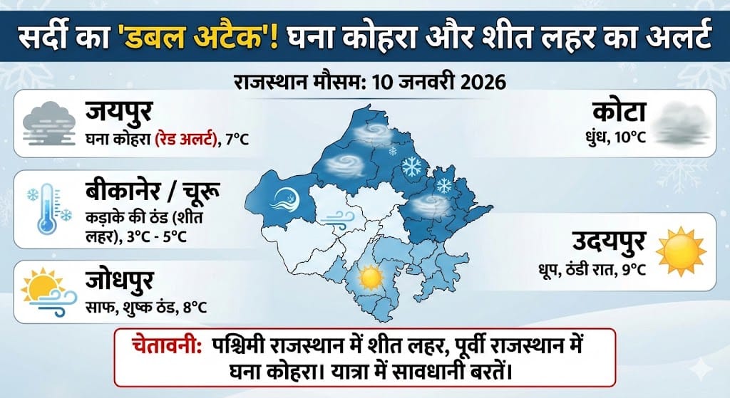 राजस्थान में कल का मौसम 10 जनवरी 2026: अगले 10 दिन कैसा रहेगा मौसम? जयपुर-कोटा में कोहरे का रेड अलर्ट!