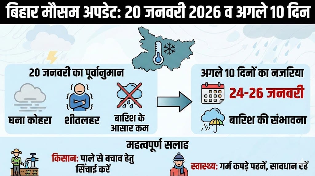 बिहार में कल 20 जनवरी 2026 का मौसम: क्या होगी बारिश या पड़ेगा पाला? अगले 10 दिनों का सटीक पूर्वानुमान और रेड अलर्ट