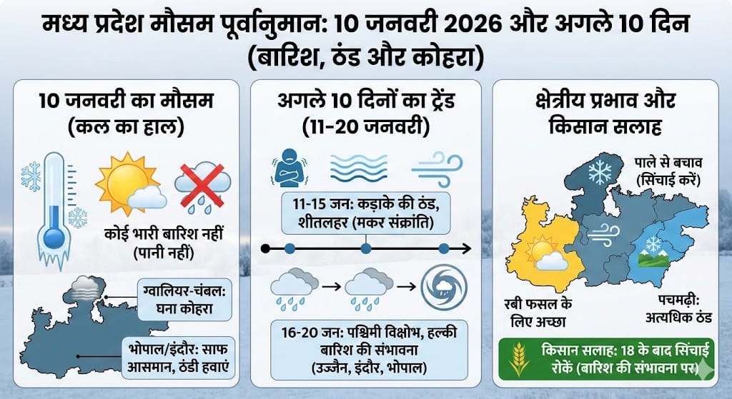 MP Weather Forecast: 10 जनवरी 2026 का मौसम, बारिश अलर्ट और अगले 10 दिनों की रिपोर्ट (Bhopal, Indore, Gwalior)