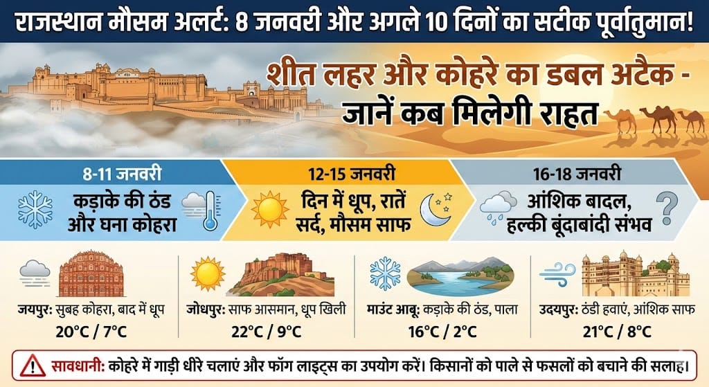 राजस्थान मौसम अलर्ट: 8 जनवरी 2026 को कड़ाके की ठंड और कोहरे का ‘रेड अलर्ट’? जानें अगले 10 दिनों का सटीक हाल!