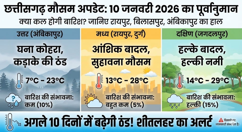 Chhattisgarh Weather Update: 10 जनवरी 2026 Rain Alert? रायपुर, बिलासपुर, अंबिकापुर मौसम और अगले 10 दिन का हाल
