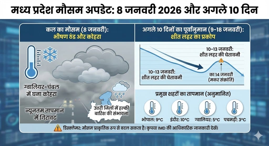 MP Weather Alert: 8 जनवरी 2026 को मध्य प्रदेश में भीषण ठंड और बारिश का अलर्ट? जानें अपने शहर का हाल