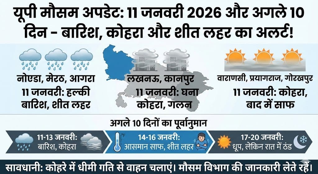 उत्तर प्रदेश मौसम 11 जनवरी 2026: लखनऊ, नोएडा, कानपुर में बारिश का अलर्ट? अगले 10 दिन का खतरनाक मौसम और कोहरे का हाल!