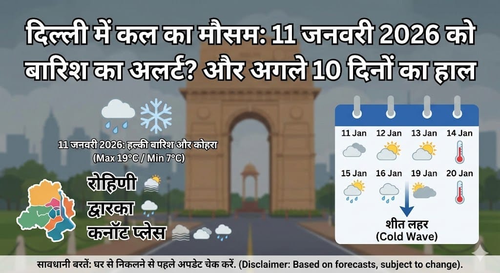 दिल्ली में कल का मौसम: 11 जनवरी 2026 को बारिश का अलर्ट? रोहिणी, CP और द्वारका का 10 दिनों का Weather Report