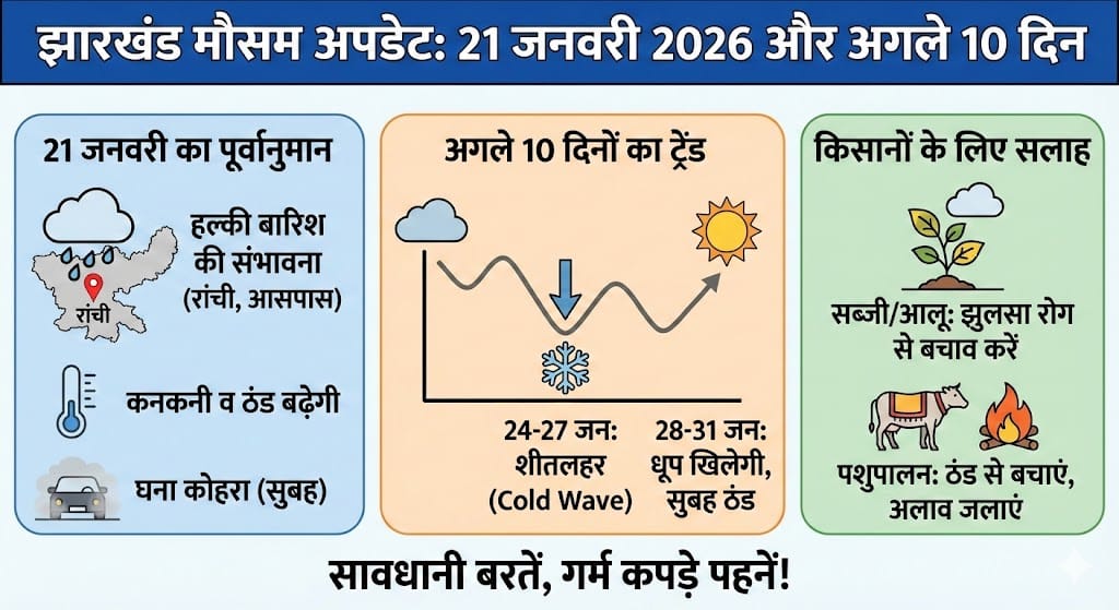 Kal Ka Mausam 21 January 2026: क्या कल घर से निकलना सुरक्षित है? झारखंड में मौसम ले रहा है यू-टर्न (U-Turn), यहाँ चेक करें अपने जिले की रिपोर्ट।